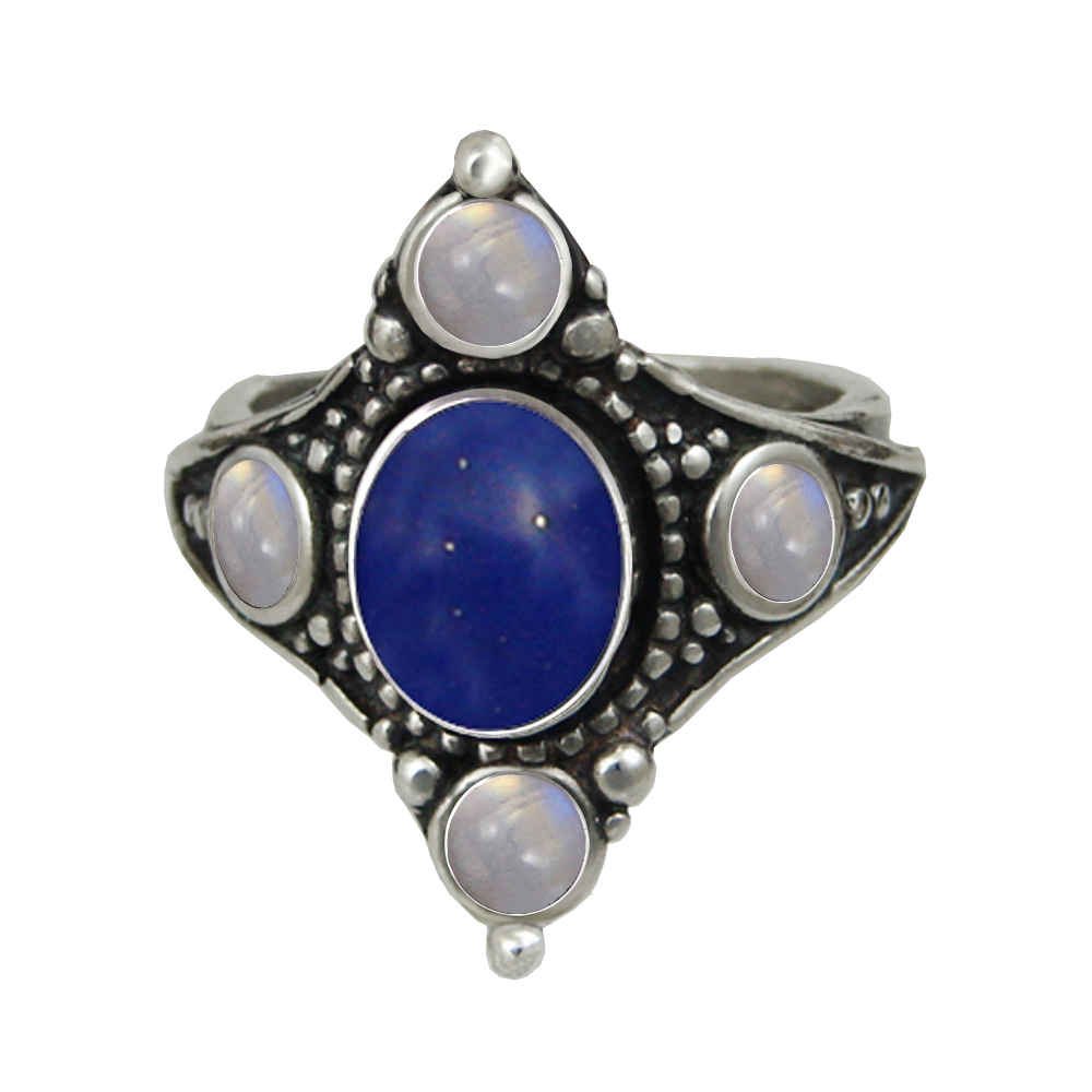 Sterling Silver Renaissance Queen's Ring With Lapis Lazuli And Rainbow Moonstone Size 12 Sterling Silver Renaissance Queen's Ring With Lapis Lazuli And Rainbow Moonstone Size 12